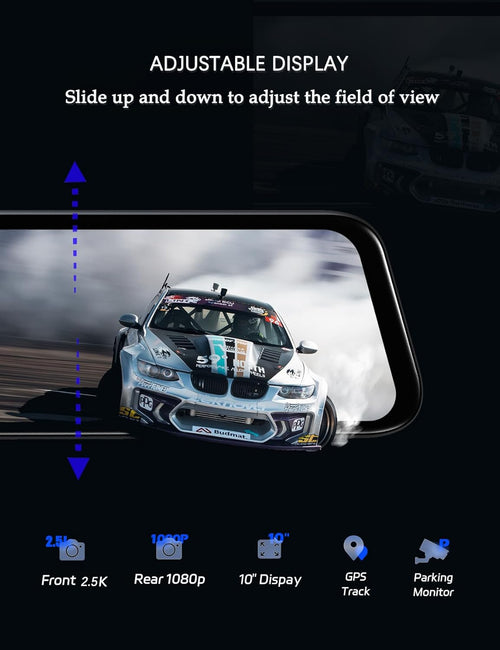 P10 2.5K Rear View Mirror Camera, 10'' Mirror Dash Cam Smart Driving Assistant W/Adas and BSD, Free 32GB Card&Gps, Front and Rear Camera for Cars Trucks,Night Vision,Voice Control,Parking Mode