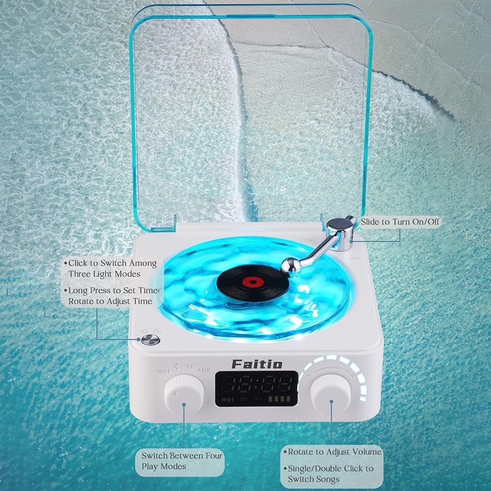 Wave Vinyl Bluetooth Speaker with Adjustable Ambient Lights, Music Player with 4 Modes, Vintage Record Model Players with Time, Small Record Player for Room Desk, Waves Speaker Creartive Gift