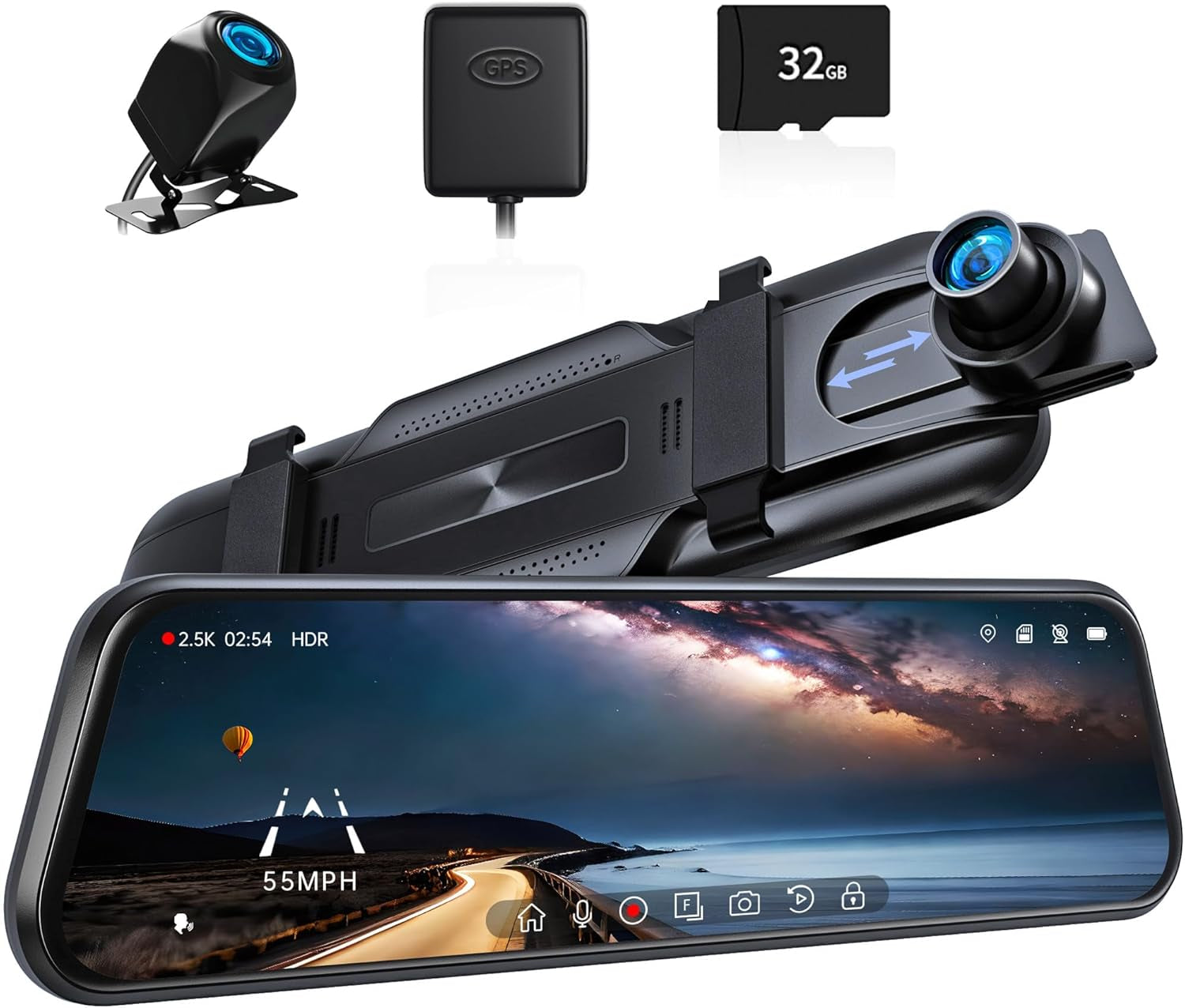 P10 2.5K Rear View Mirror Camera, 10'' Mirror Dash Cam Smart Driving Assistant W/Adas and BSD, Free 32GB Card&Gps, Front and Rear Camera for Cars Trucks,Night Vision,Voice Control,Parking Mode